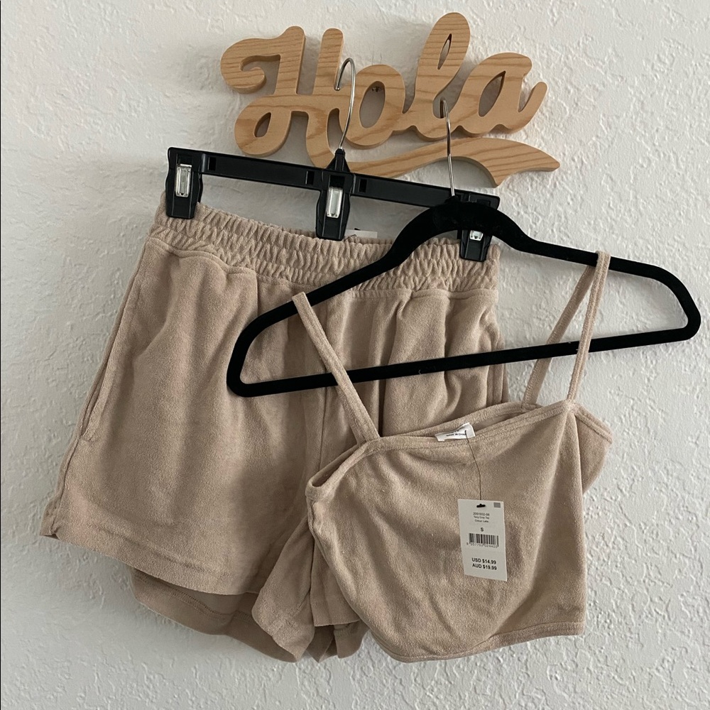 Cotton on terry towelling set in latte neutral color.  small top, US 4 shorts.